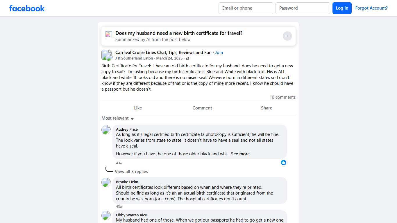 Carnival Cruise Lines Chat, Tips, Reviews and Fun | Birth Certificate for Travel: I have an old birth certificate for my husband, does he need to get a new copy to sail | Facebook